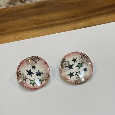 Handcrafted Ceramic Hand-painted White / Pink Clip-on Clip On Earrings - Image 1 of 4