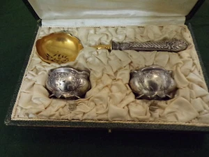 Juego de cucharas de aceitunas Gründerzeit/Jugendstyle + 2 cuencos de especias en plata 950 - Imagen 1 de 9