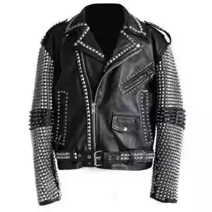 Herren Black Rock Full Spiked Jacke Nieten Punk Motorrad Brando Lederjacke - Bild 1 von 4