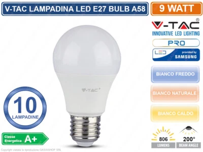 10 LAMPADINE V-TAC PRO VT-210 LED E27 9W BULB A58 CHIP SAMSUNG SKU 228 229 230 - Immagine 1 di 2