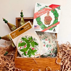 Vintage Nos Küche Bar Ephemera Lot Weihnachten Stechpalme Cupcake Liner Untersetzer UNBENUTZT - Bild 1 von 20