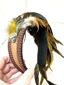 Feathered 70s Fascinator Feathers Headpiece 2" wide Headband Teal Green Rust FSh - Picture 1 of 9