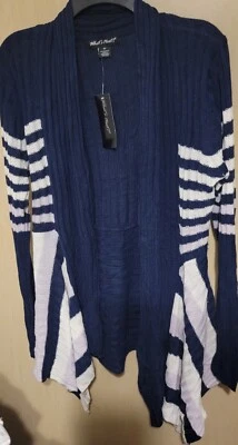 ¿Qué sigue? Cárdigan Suéter Mujer 2X Azul Marino Blanco Rayas Tejido Capas Frente Abierto Foto 1 de 4