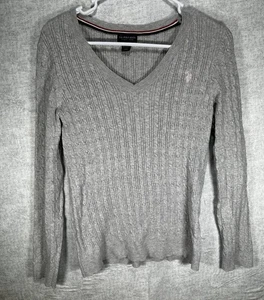US Polo Assn Girl Cable Knit Sweater Pink Logo Size L 12/14 Gray Back to School - Picture 1 of 7