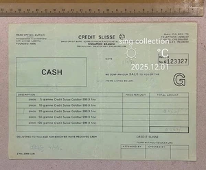 Singapur Credit Suisse 1982 Kassenbeleg Verkauf 20g Goldbarren 462 $ - Bild 1 von 2