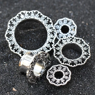 PAIR of 316L Stainless Steel Vintage Leaf Filigree Double Flare Tunnel Plug - Image 1 of 4