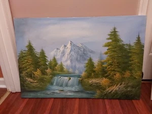Original Vintage Signed Oil Painting MOUNTAINS TREES WATERFALL 36" X 24" - Picture 1 of 10