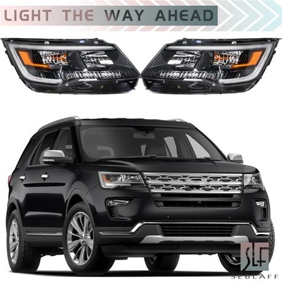 For Ford Explorer Sport 2016-2018 Black LED DRL Front Headlights Headlamp Pair - Image 1 of 4