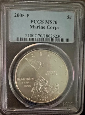 2005 P S$1 MARINE CORPS COMMEMORATIVE SILVER DOLLAR PCGS MS70 BLUE LABEL - Image 1 of 2