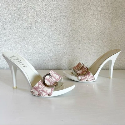 Christian Dior Vintage White Pink Monogram Cloth Mule Heels Y2K CD Logo EU 37.5 - Image 1 of 4