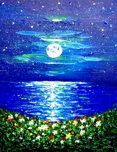 Moon Light Painting ORIGINAL seascape Flowers Ocean Art SIGNED +COA - Picture 1 of 3