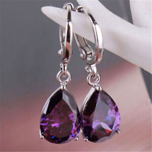 Women's Tear Shape Silver Purple Cublic Zircon Crystal Stud Hoop Earrings