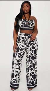 Fashion Nova Belina Wide Leg Pant Set, Blk/Off White Floral Size 2X, NWT - Picture 1 of 8