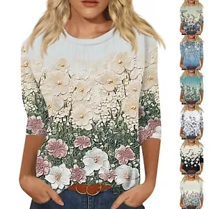 Women's Fashionable Casual Three Quarter Sleeve Printed Collar Pullover Top - Picture 1 of 33