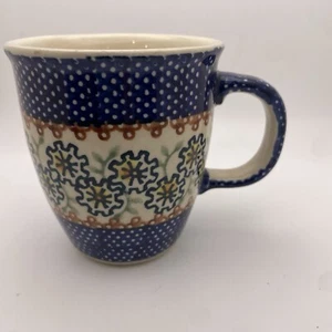 Polish Pottery Coffee Mug Boleslawiec Blue and White Flowers Daisies Handmade - Picture 1 of 5