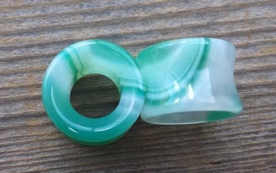 RARO! PAR DE TAPONES TÚNEL ÁGATA VERDE REAL MEDIDORES JOYERÍA CORPORAL DOBLE ACAMPANADO Foto 1 de 4