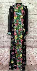Maxi Vestido Vintage JC Penney Fashions Años 60 Para Mujer Negro Floral Mangas Transparentes - Imagen 1 de 6