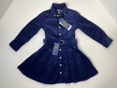 Polo Ralph Lauren Niñas Pequeñas VESTIDO CAMISERO PLISADO CON CINTURÓN PANA TALLA 3 AZUL MARINO ¡NUEVO CON ETIQUETAS! Foto 1 de 4