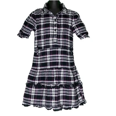 Vestido de algodón a cuadros negro y rosa autoestima manga corta con botones talla 5 para niñas Foto 1 de 4