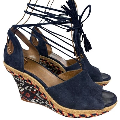 Cabi Isla Aztec Suede Espadrille Wedge Navy Red Boho Leather Shoes Heels sz 8.5 - Image 1 of 4