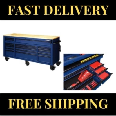 Banco de trabajo móvil azul caja de almacenamiento de herramientas altura ajustable tapa de madera 72 pulgadas Foto 1 de 4