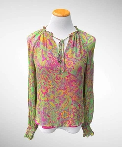 Ramy Brook New York Rayon Pink and Green Tie-Front Blouse, Size XS - Imagen 1 de 10
