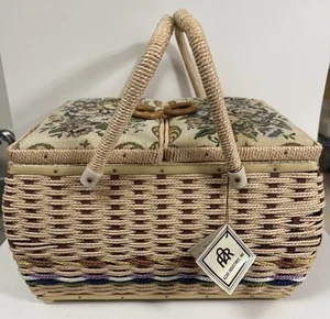 Vintage AZAR Woven Tapestry DOUBLE HANDLED SEWING BASKET FULL OF NOTIONS No Tray - Picture 1 of 15