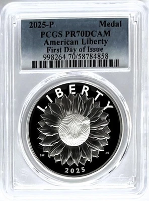 2025 P Proof Silver American Liberty Medal First Day of Issue PCGS PR70 Blue - Image 1 of 2