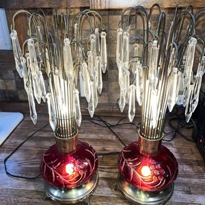 1950 Crystal Lamps. Ruby base with Crystal Drops. Original Cords. - Bild 1 von 8