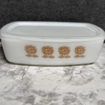 MCM Federal Milk Glass Loaf Pan/Refrigerator Dish W/ Sunflower Vintage With Lid! - Image 1 of 4