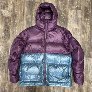 Marmot Puffer Jacket Coat Mens XL Purple Blue Hooded Down Recycled Kapok M14553 - Picture 1 of 22