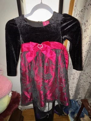 Y2K Pinky Girls Christmas Holiday Dress 6-6x Black Velvet Lace Roses Red Ribbon - Image 1 of 4