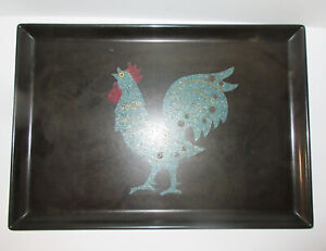 Vintage Mid Century Couroc Black Lacquered Wooden Inlay Rooster Tray 15x10 Pearl