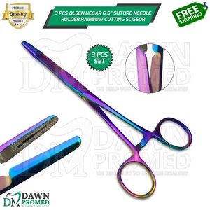 3 Pcs Olsen Hegar 6.5" Suture Needle Holder Rainbow Color Cutting Scissor Set - Picture 1 of 9