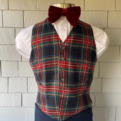 Chaleco Chaleco Vintage Rojo y Negro Lana Tartán 6 Botones con Gris Satinado Talla 40 Foto 1 de 4