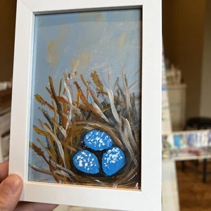 Pascua, nido, pájaro, original, pintura en miniatura, pequeña, mini, enmarcada - Imagen 1 de 11