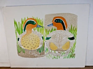 Green Wing Teal Decoys--Pearce Bates--Signed, Numbered--VINTAGE Woodblock - Picture 1 of 4