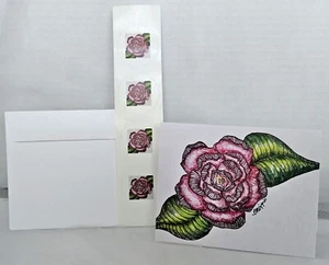 Original Aquarell Kunstdruck "Camelia" Grußkarte mit weißem Umschlag & Aufklebern - Bild 1 von 6
