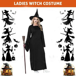 Damas Disfraz de Bruja Malvada Brujas Negras Halloween Vestido Elegante Conjunto Gótico - Imagen 1 de 6