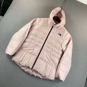 North Face Jacket Girls XL Pink 550 Down Hooded Fleece Lined Full Zip Puffer - Picture 1 of 12