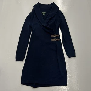Lauren Ralph Lauren Knit Buckle Trim Sweater Dress Cotton Navy Size M Faux Wrap - Picture 1 of 12