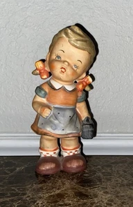 Vintage Girl Wearing Kitchen Apron And Orange Dress Figurine Ceramic 7” Japan - Picture 1 of 5