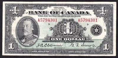 Canada 1935 $1 One Dollar Banknote Osbourne - Towers A 5794301 English A - Image 1 of 2