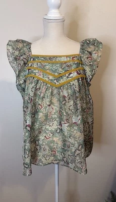 Blusa Anthropologie Current Air Verde Floral Manga Corta Talla L Foto 1 de 4