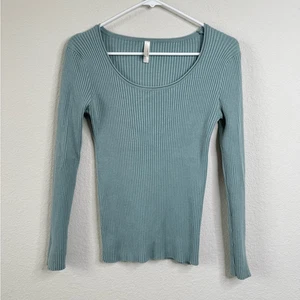 MaxMara Women’s Small Ribbed Scoop Neck Long Sleeve Top Teal Blue Made in USA - Picture 1 of 5