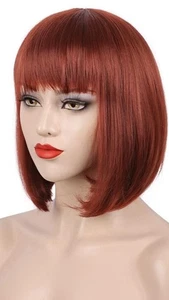Auburn Bob Style Wig with Bangs and Part Straight Heat Resistant Synthetic Hair - Picture 1 of 6