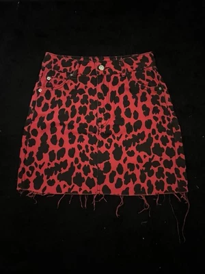 Moto Short Denim Skirt Red with Leopard Print Size 6 - Image 1 of 4
