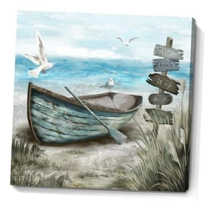 Bathroom Wall Art Coastal Décor Nautical Boat on Beach Canvas Picture Ocean - Picture 1 of 7