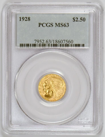 1928 $2.50 Indian Head U.S. Quarter Eagle Gold Coin Graded MS63 by PCGS Cover