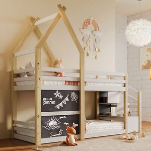 Twin over Twin House Bunk Bed with White Storage Staircase and 2 Blackboards, Wh - Picture 1 of 12